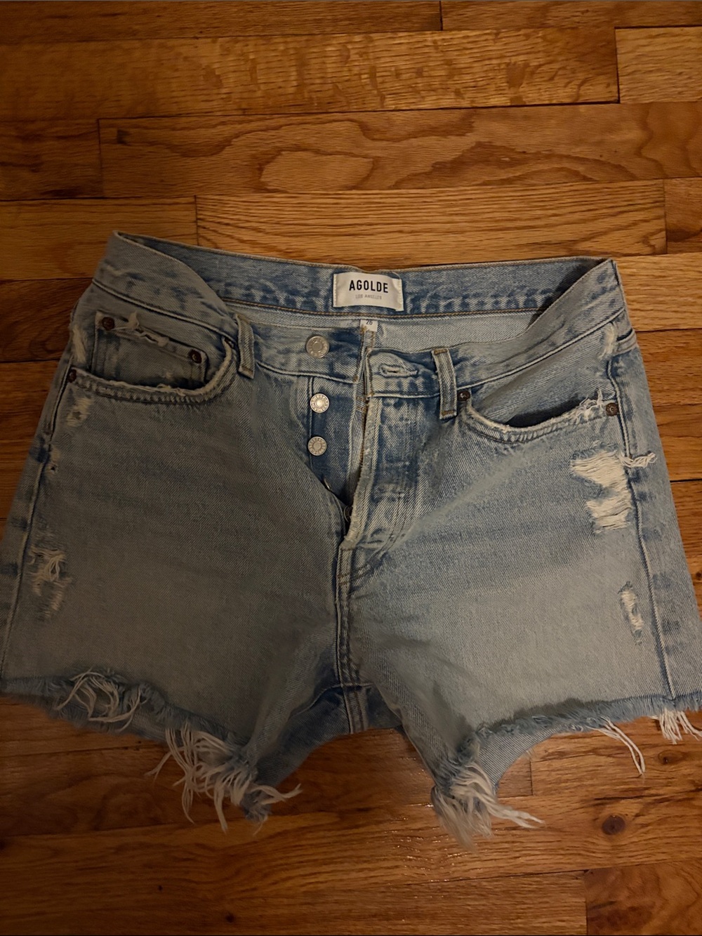 Agolde Light Wash Distressed Denim Cutoff Shorts
